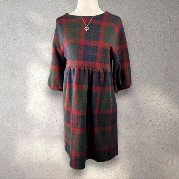 Zara Dresses & Skirts - Zara Trafaluc Plaid Babydoll Dress Women's S Mini 1/2 Sleeve Holiday Cottagecore